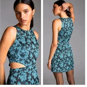 Hutch Anthropologie Teal Black Floral Jacquard Cut-Out Mini Dress Size 0